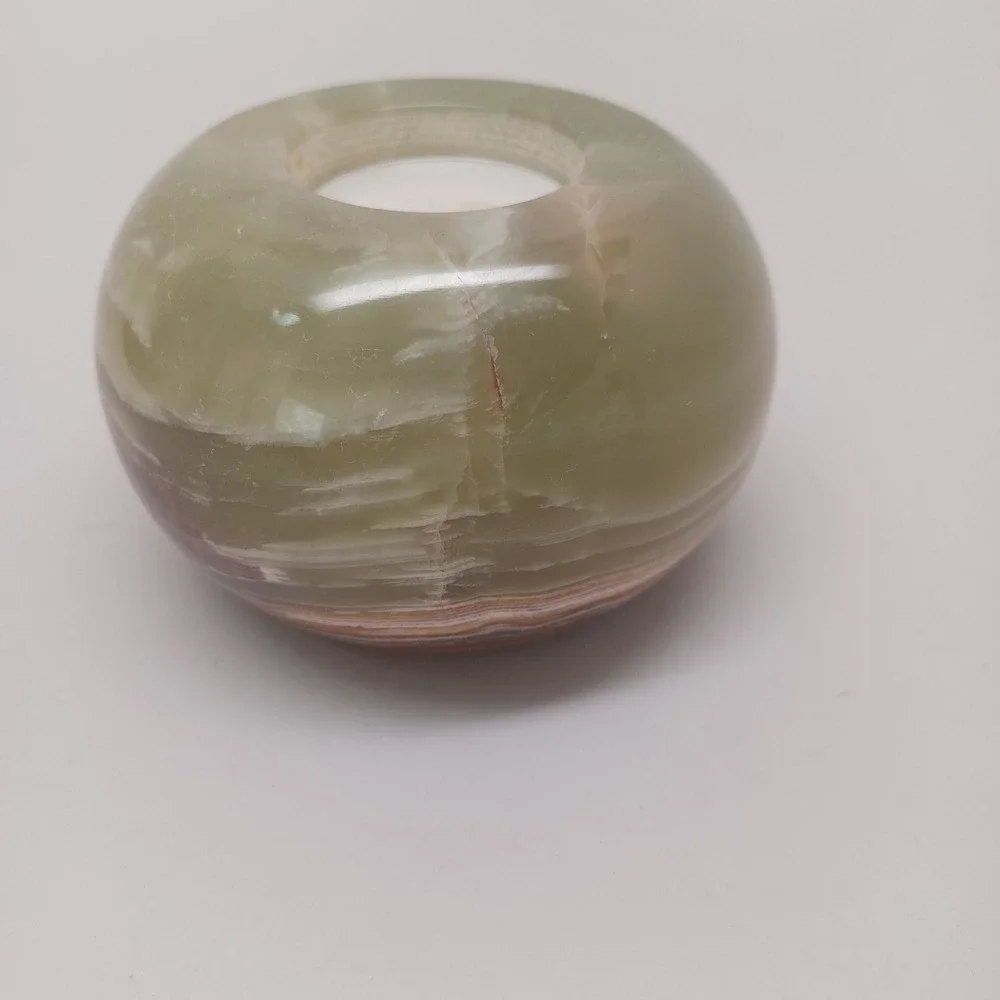 Polished Alabaster Onyx Stone Tea Light Candle Holder Green Brown‎ Round Sphere